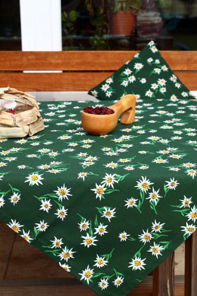 Dunkelgrüne Tischdecke Kissenbezug mit Edelweiß