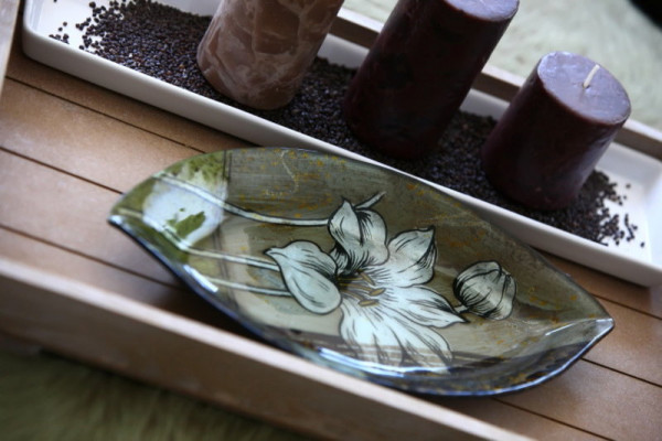 Glas Deko Schale mit Blumen, oval