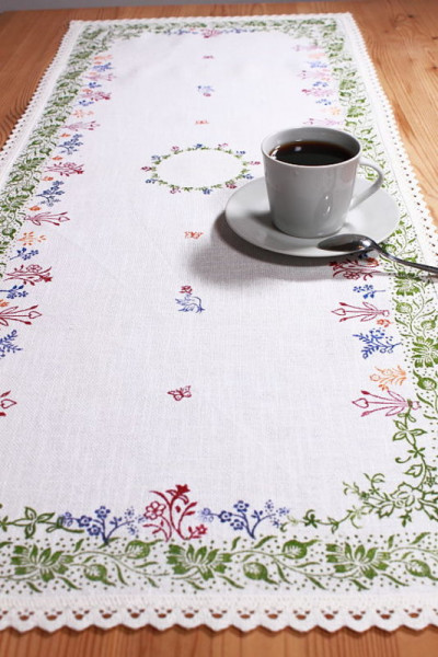 Tischläufer u. Deckchen Blumenwiese Handdruck